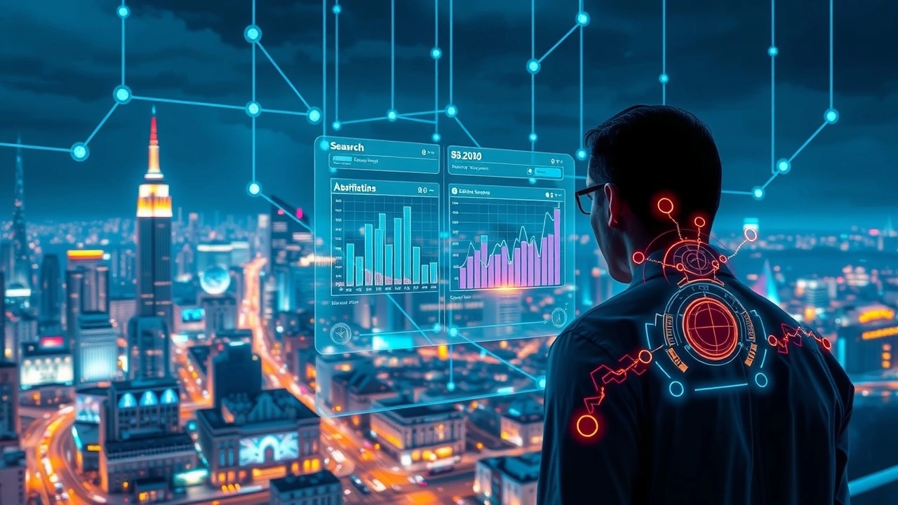 Une illustration de l'optimisation SEO local avec l'intelligence artificielle dans un environnement urbain.