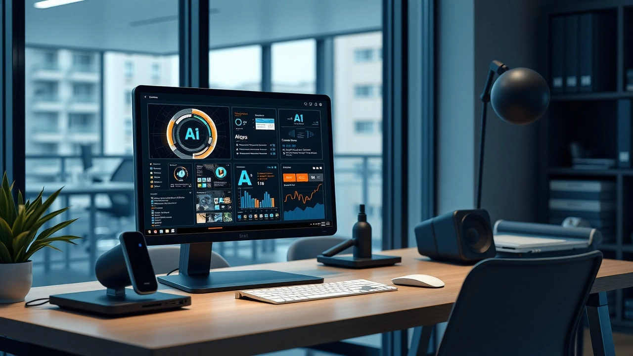 bureau moderne avec ordinateur et outils IA