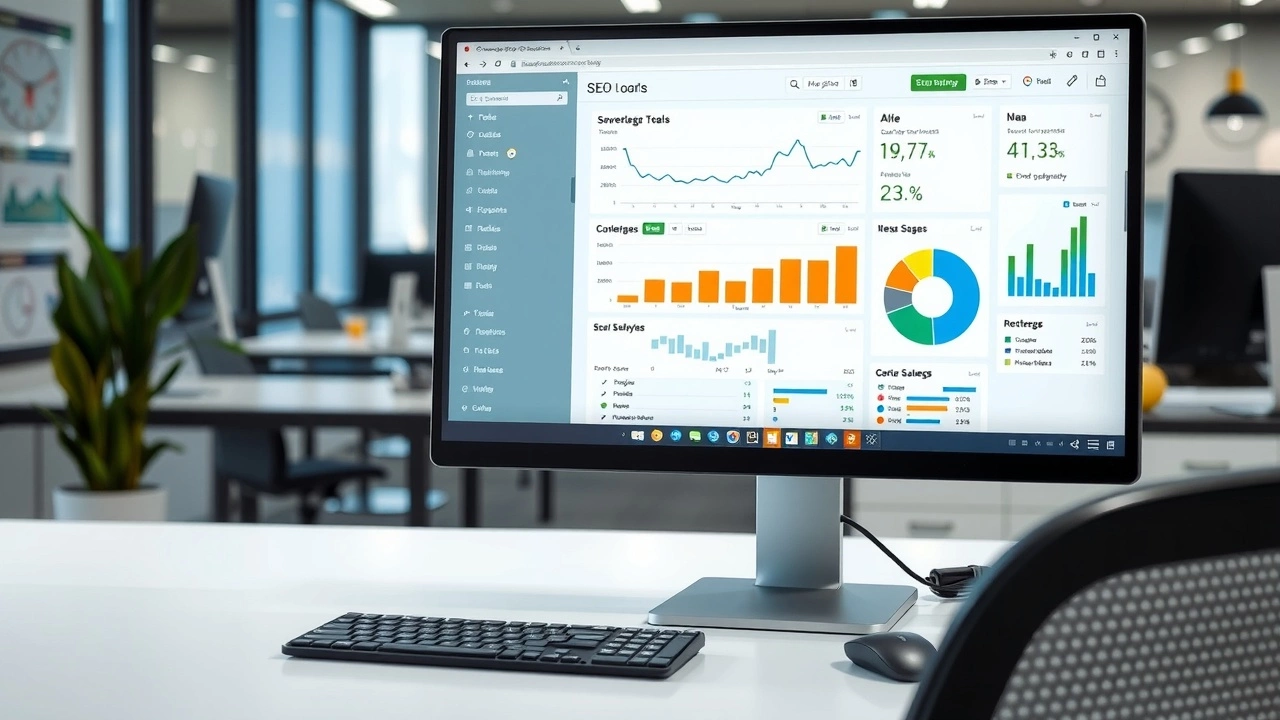 bureau moderne avec ordinateur et outils de référencement
