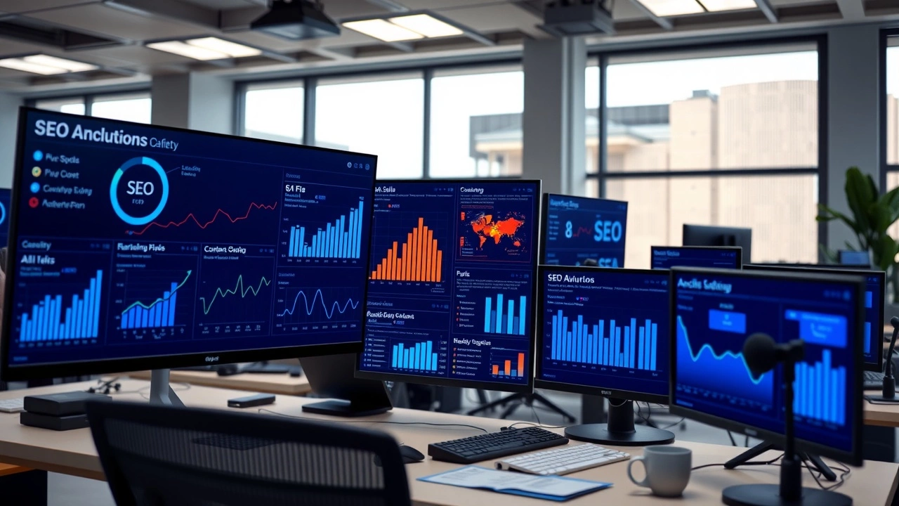 bureau moderne avec écrans d analyse SEO et IA