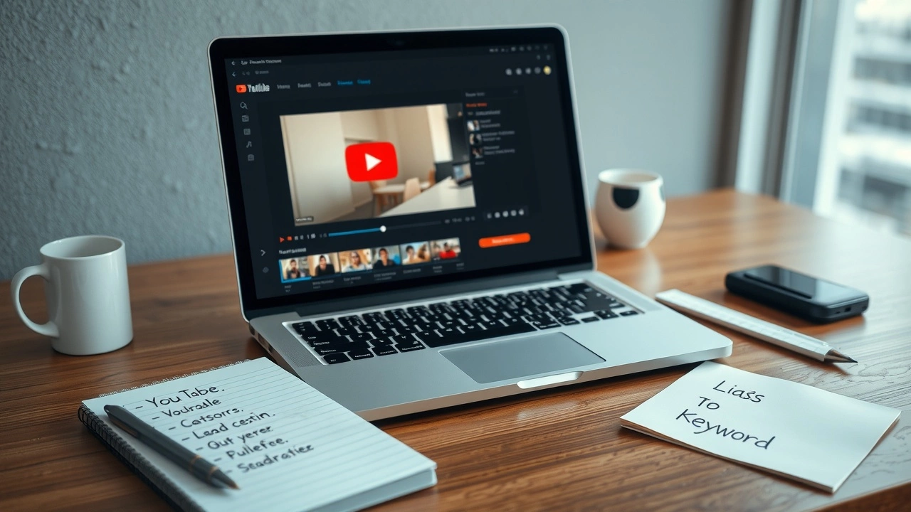 bureau avec ordinateur portable et liste de mots-clés