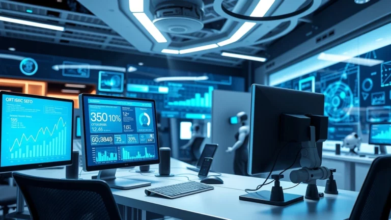 bureau futuriste avec intelligence artificielle pour optimisation SEO