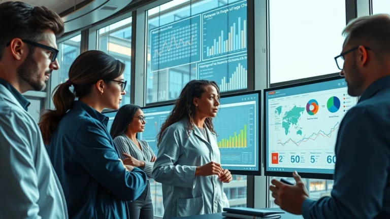 Un bureau futuriste avec des professionnels collaborant sur des données SEO et l'IA.