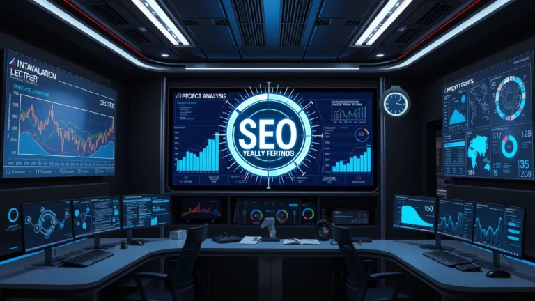 Un bureau futuriste avec des écrans affichant des analyses prédictives des tendances SEO.