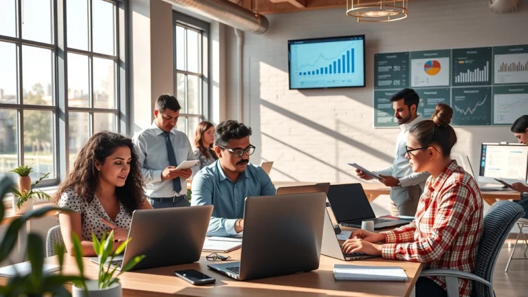 Une scène d'un bureau de marketing numérique où une équipe diversifiée collabore sur des stratégies SEO.