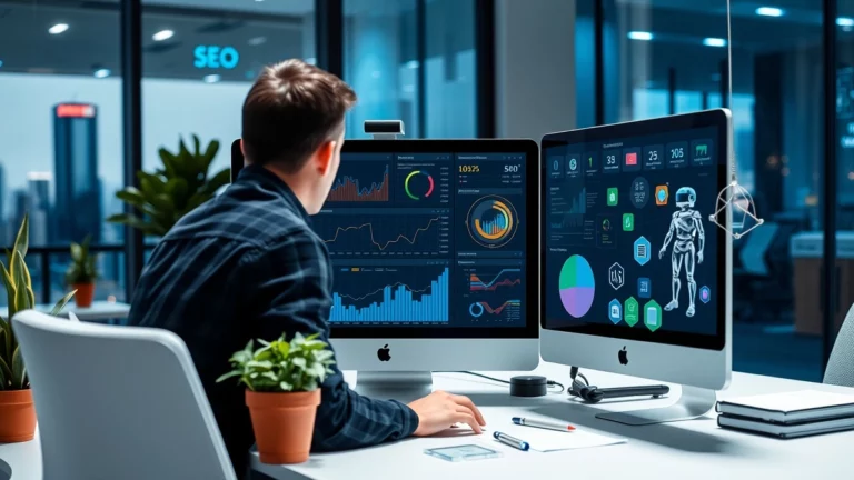 Bureau moderne avec une personne analysant des données SEO et des éléments d'IA.