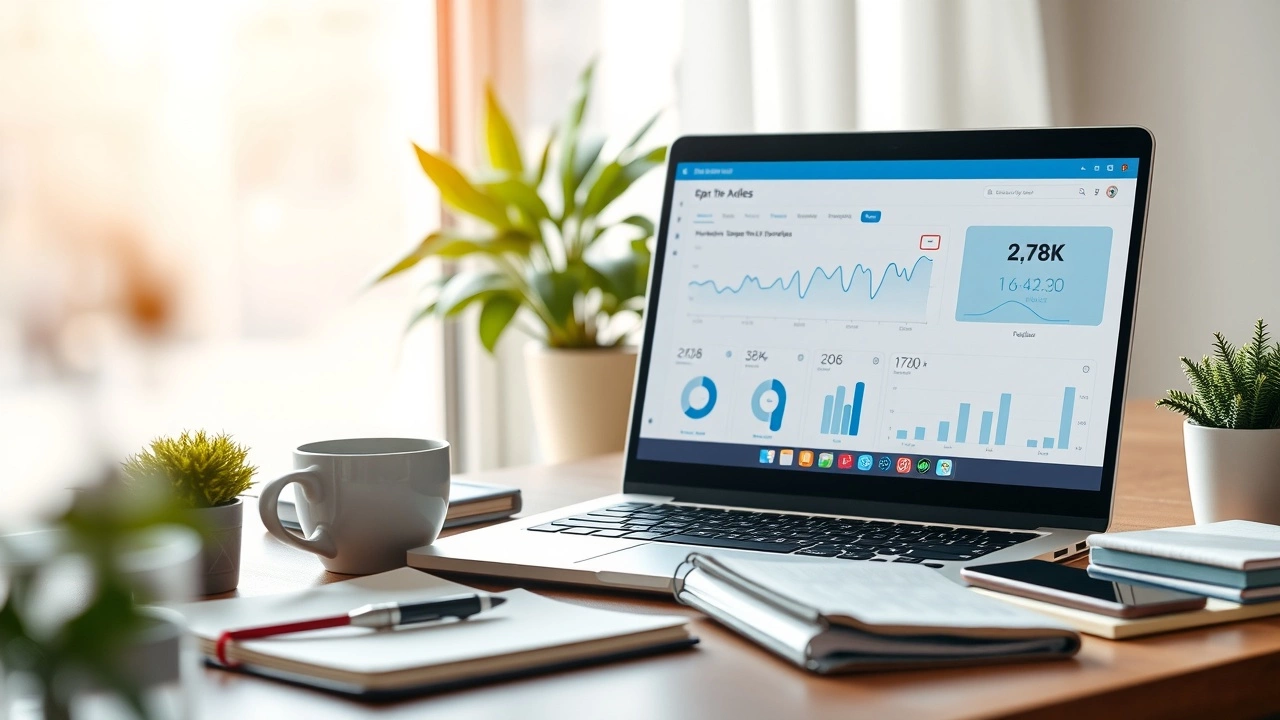 Bureau moderne avec un ordinateur portable affichant des statistiques de marketing par courriel.