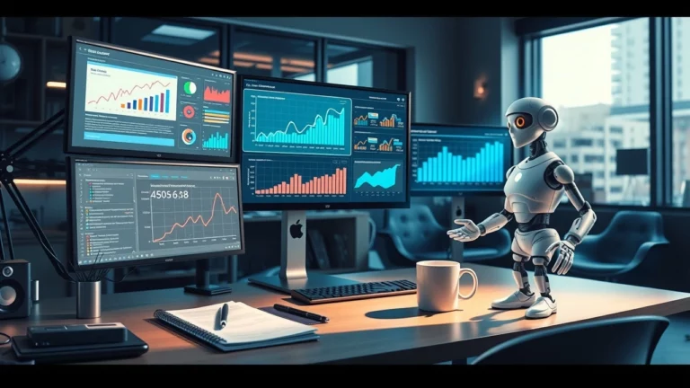 Une image de bureau moderne avec un ordinateur et des outils de marketing digital, symbolisant l'utilisation de l'IA pour le SEO.