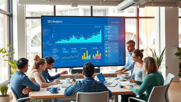 Bureau moderne illustrant l'automatisation du reporting SEO avec l'IA, montrant une équipe efficace.