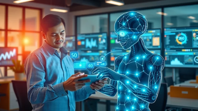 Une image montrant une collaboration entre un humain et une IA dans un bureau moderne, illustrant la création de contenu pour le SEO.