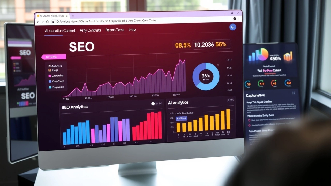 écran d'ordinateur avec statistiques SEO et contenu IA