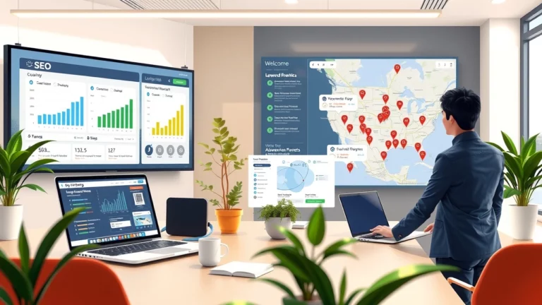 Illustration d'un espace de travail moderne avec des outils d'optimisation SEO local.