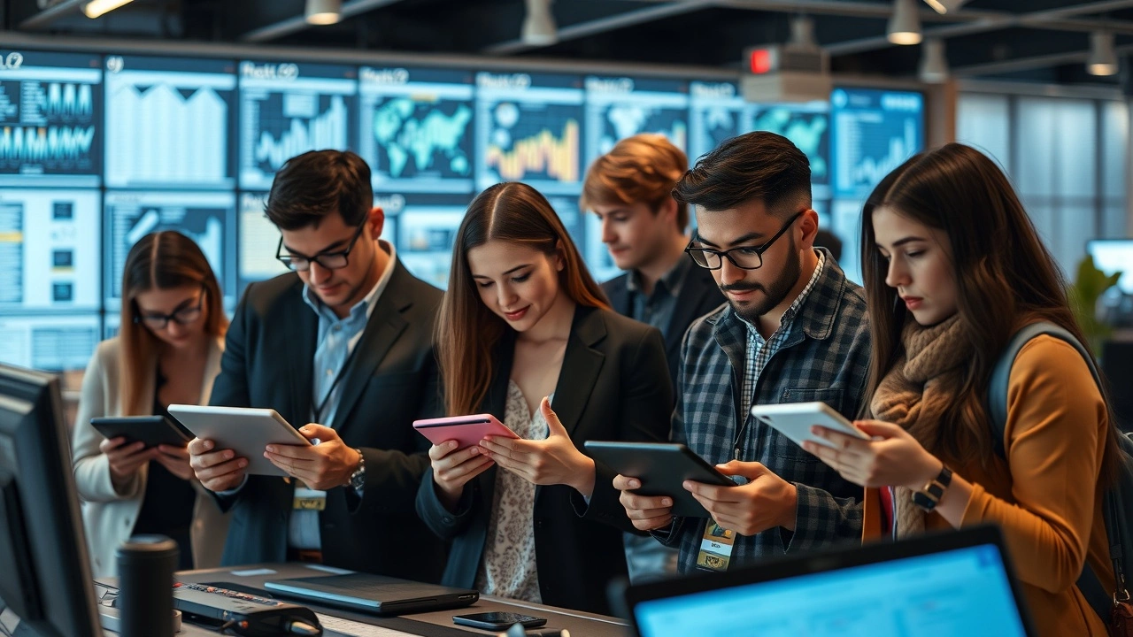 groupe de consommateurs analysant des données sur des dispositifs numériques