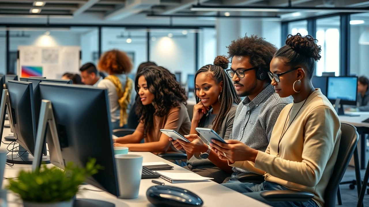 groupe divers utilise des ordinateurs dans un bureau moderne