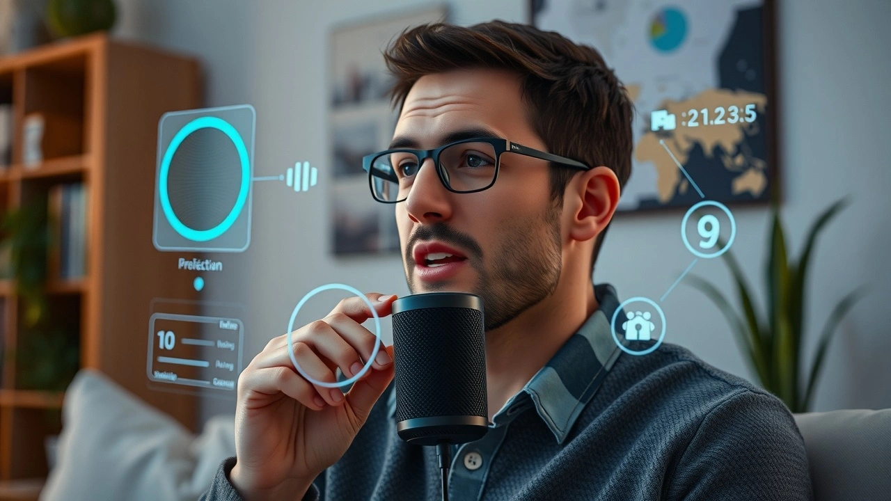person utilisant un haut-parleur intelligent pour la recherche vocale
