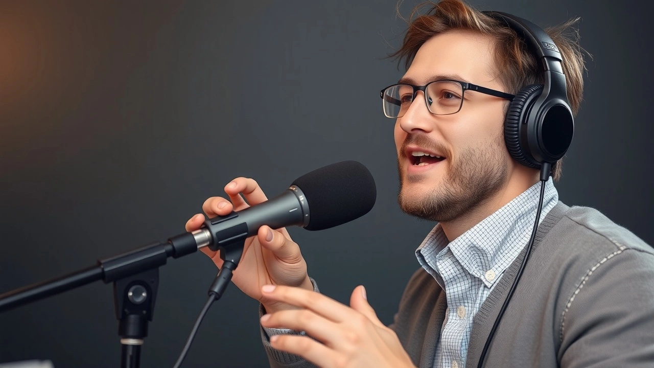 hôte de podcast parlant dans un microphone
