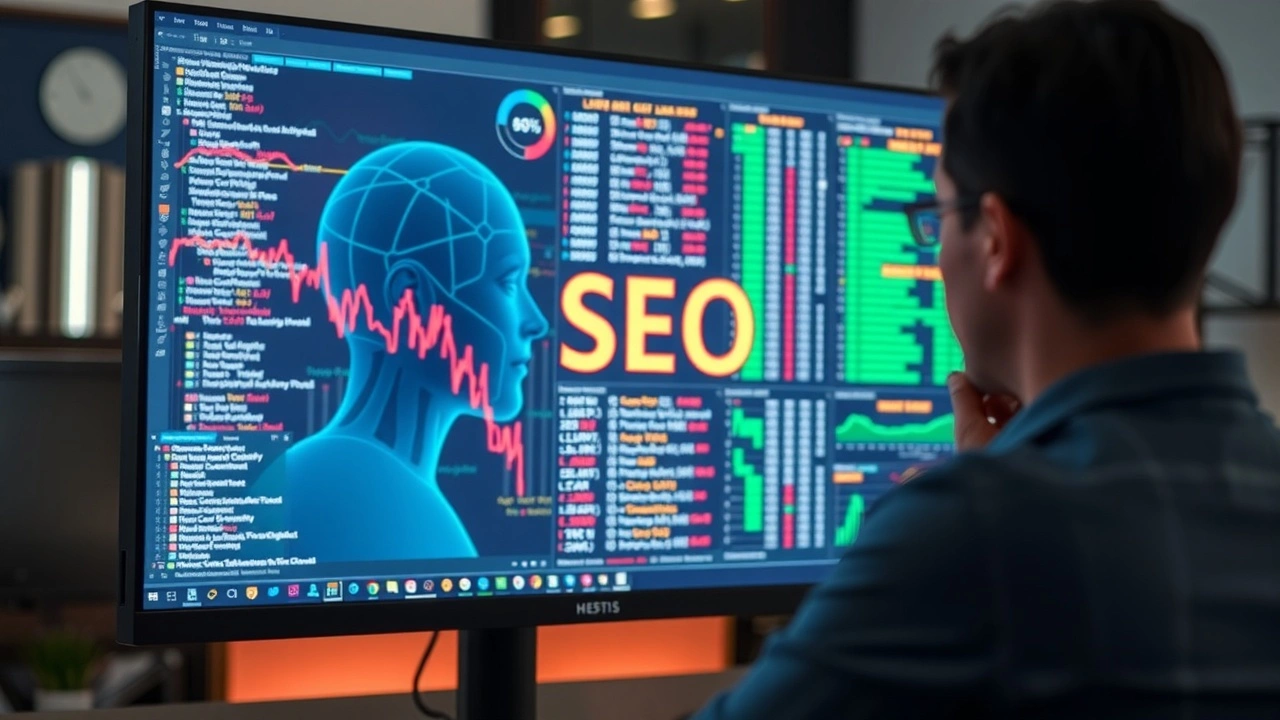 une IA analysant des donnees SEO sur un ecran dordinateur