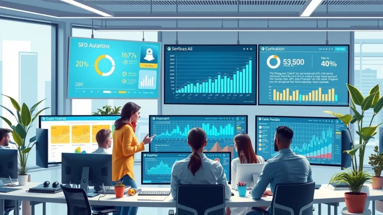 Illustration d'une agence de marketing digital avec des professionnels analysant les audits SEO à l'aide de la technologie IA.