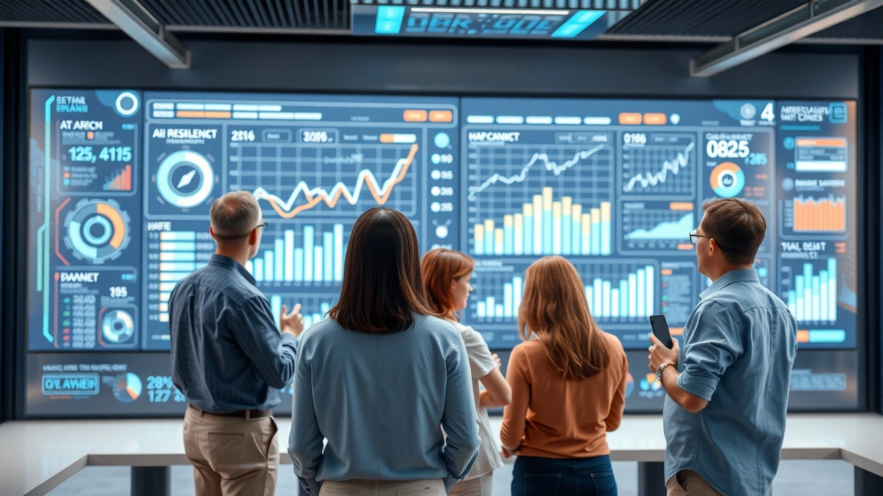 Une image illustrant l'IA analysant des tendances de recherche dans un bureau moderne.