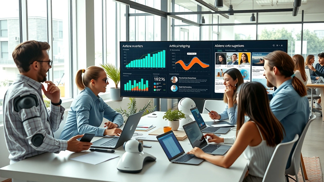 Une scène montrant l'influence de l'intelligence artificielle sur le marketing de contenu, avec une équipe diversifiée travaillant ensemble.