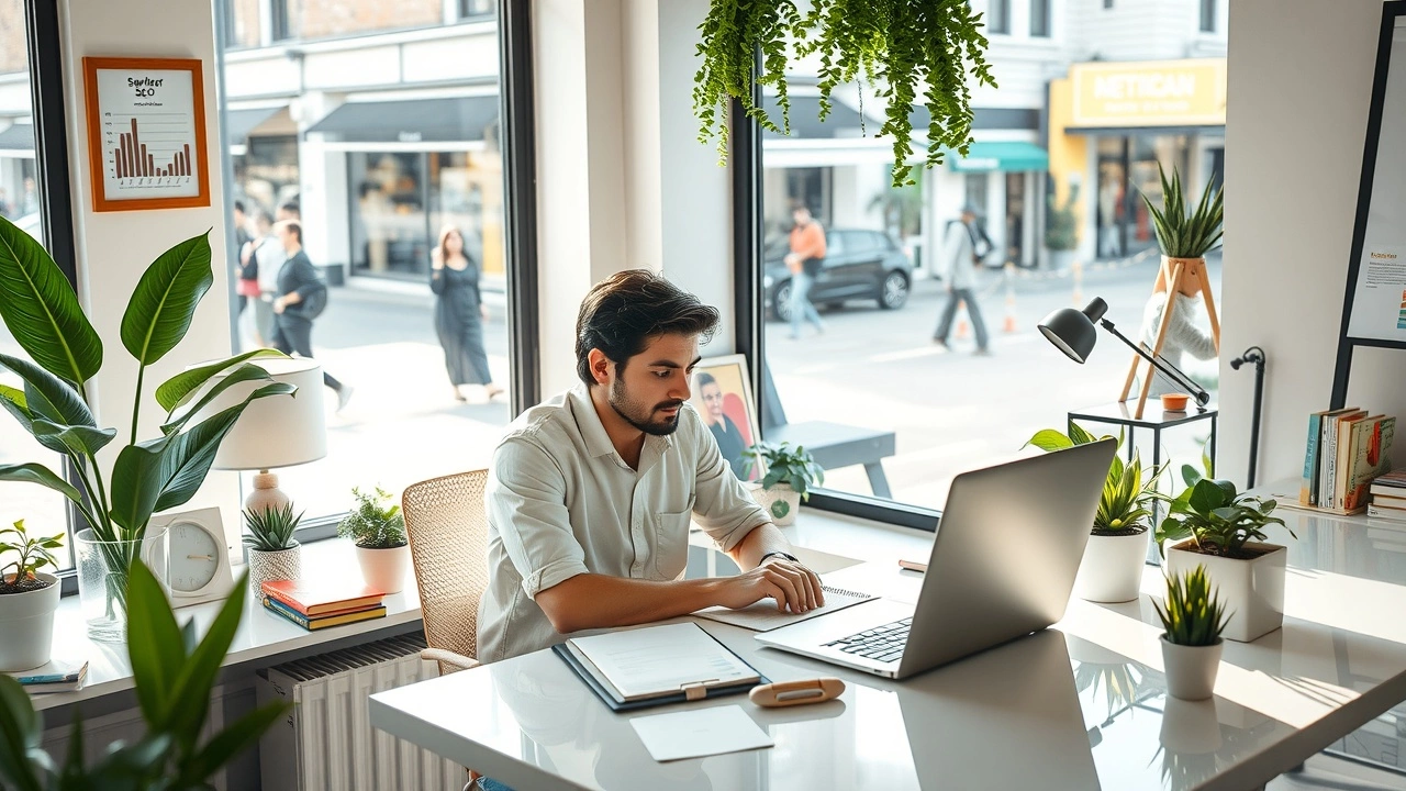 Illustration d'un propriétaire de petite entreprise optimisant le SEO de son site web