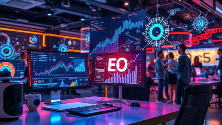 Un bureau moderne de marketing digital avec l'IA optimisant le SEO.