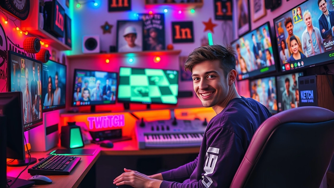 Une scène illustrant un créateur de contenu sur Twitch interagissant avec sa communauté fidèle.