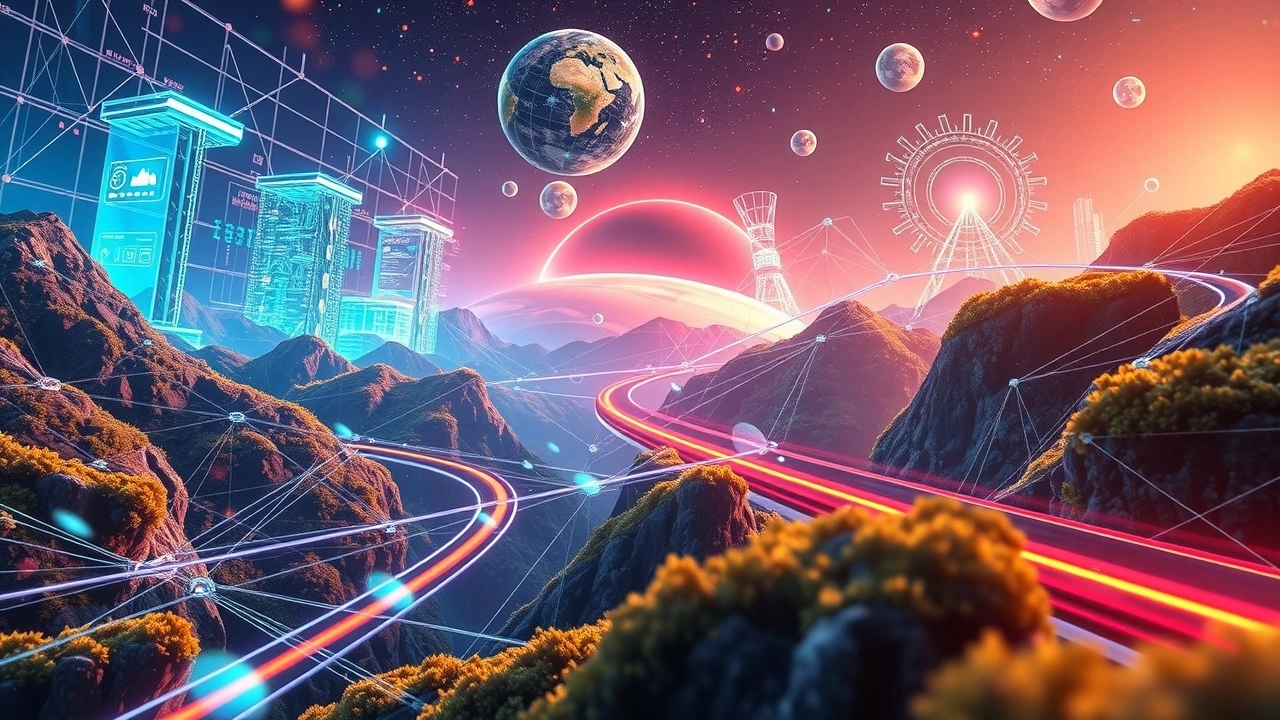 Paysage numérique futuriste illustrant l'avenir du SEO