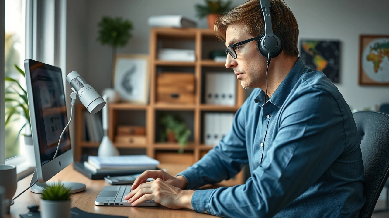 person utilisant un appareil vocal dans un bureau