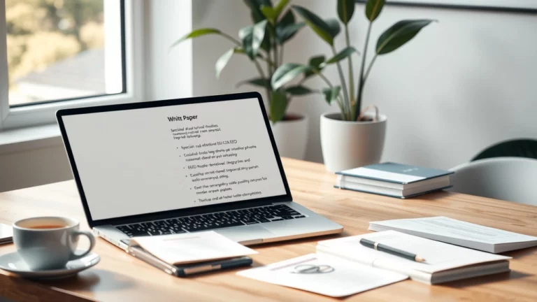 Scène de bureau moderne avec un ordinateur portable ouvert sur un blanc et des guides SEO.