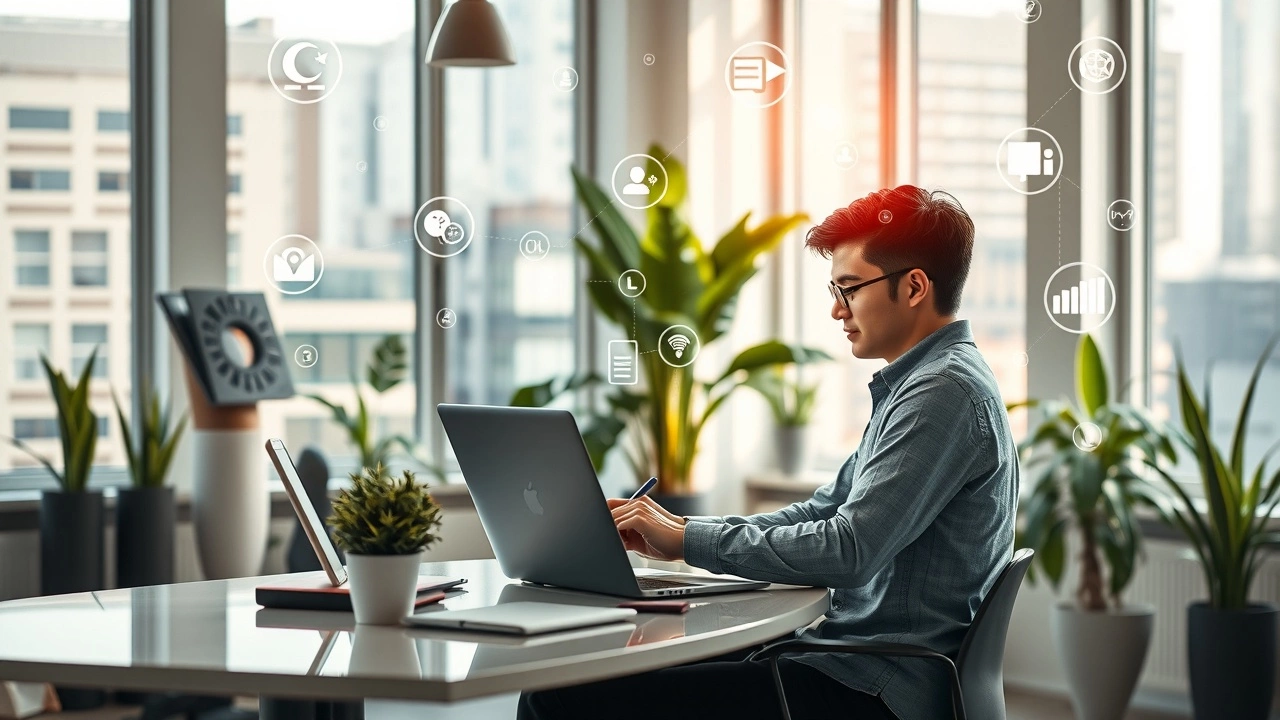 Une scène captivante montrant l'interaction entre un marketer digital et une technologie d'intelligence artificielle dans un bureau moderne.