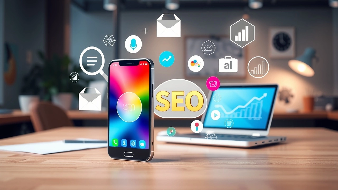 Une illustration sur le SEO pour applications mobiles, mettant en valeur un smartphone avec une interface d'application dynamique.