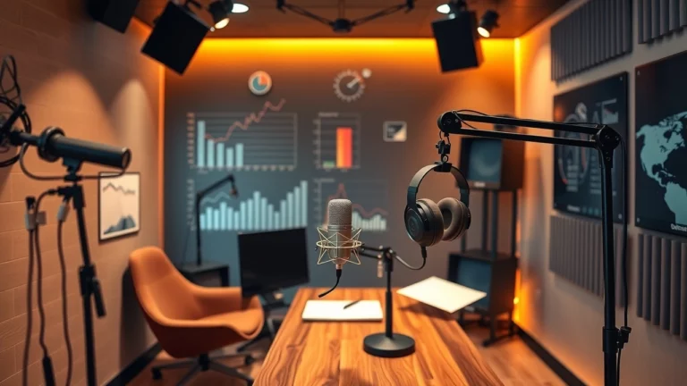 Studio de podcast avec microphone et ambiance chaleureuse