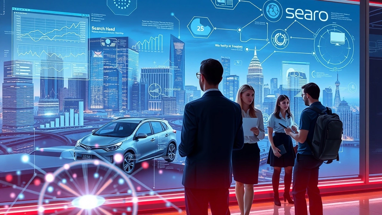 Une scène illustrant le futur du SEO prédit par l'IA avec des professionnels analysant des données.