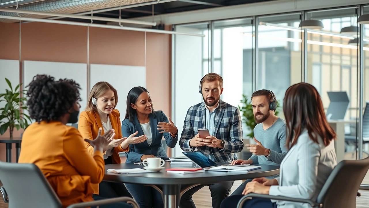 groupe de professionnels discutant des assistants vocaux en bureau