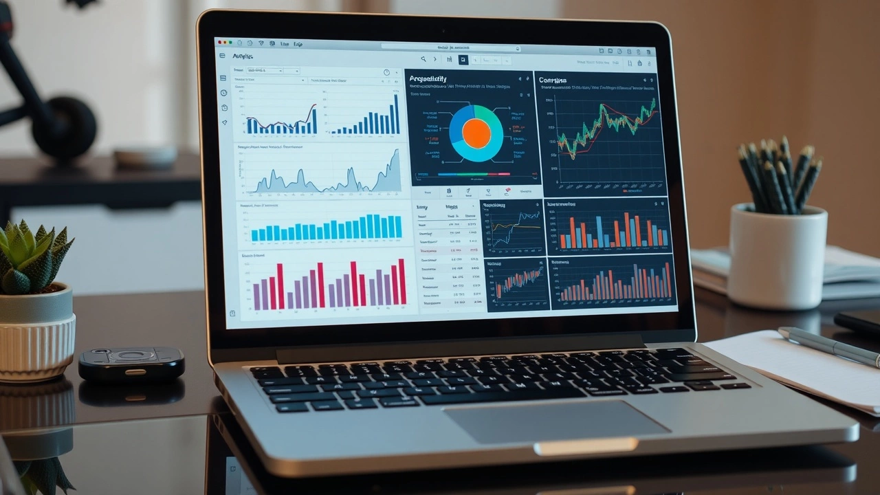 bureau avec un ordinateur affichant des graphiques analytiques