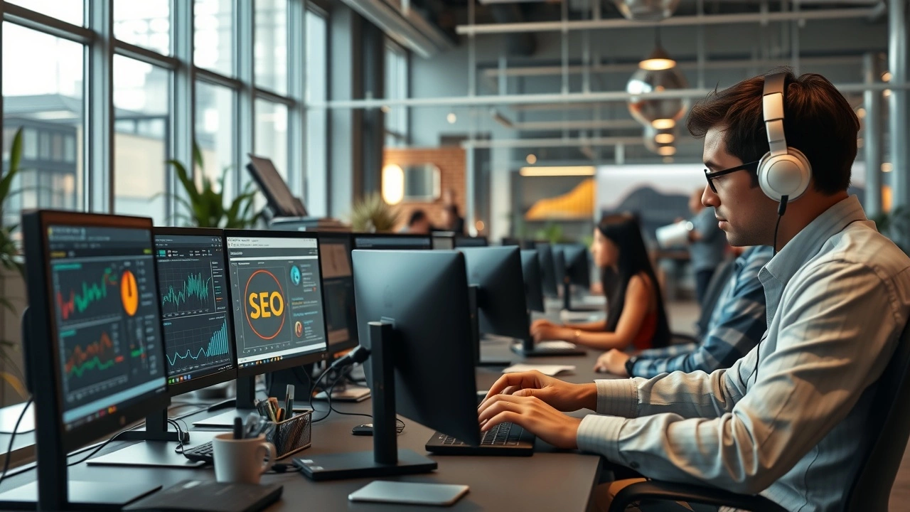 bureau moderne avec personnes travaillant sur des données SEO