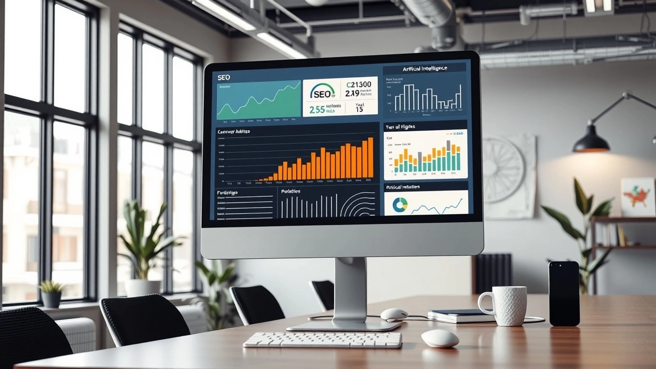 bureau moderne avec outils SEO et intelligence artificielle