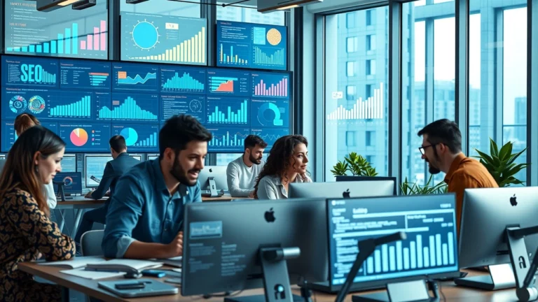 Une scène de bureau moderne illustrant l'impact de l'IA sur le SEO.