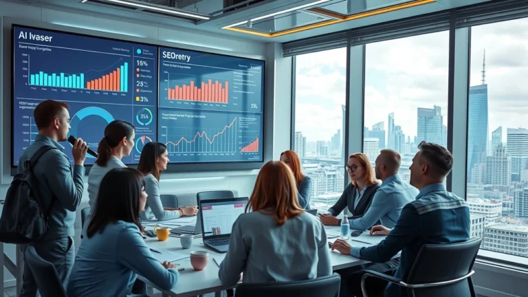 Un bureau futuriste avec des outils d'IA et des graphiques sur les tendances SEO.