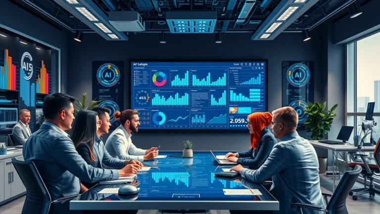 Une illustration d'un environnement de bureau moderne avec des professionnels utilisant l'IA pour optimiser des stratégies SEO.