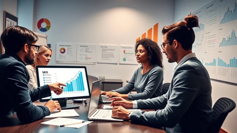 Une image d'un bureau moderne avec des professionnels discutant des stratégies SEO grâce à l'intelligence artificielle.