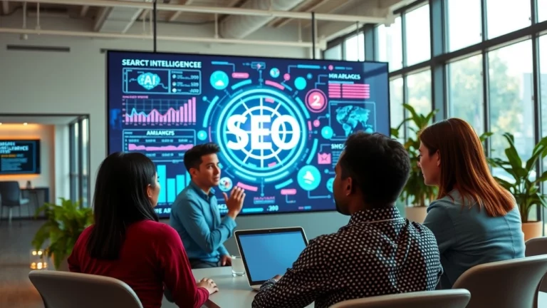 Bureau moderne montrant l'intégration de l'IA dans la stratégie SEO.