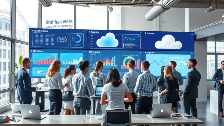 Bureau moderne avec des professionnels travaillant sur l'optimisation SEO et l'informatique en nuage.