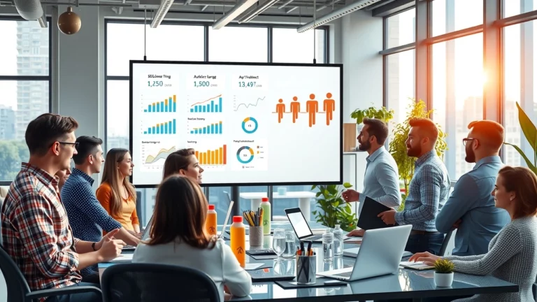 Une scène de bureaux modernes avec des professionnels utilisant l'IA pour le ciblage d'audience en SEO.