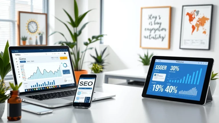 Un bureau moderne avec plusieurs écrans affichant des analyses et stratégies SEO.