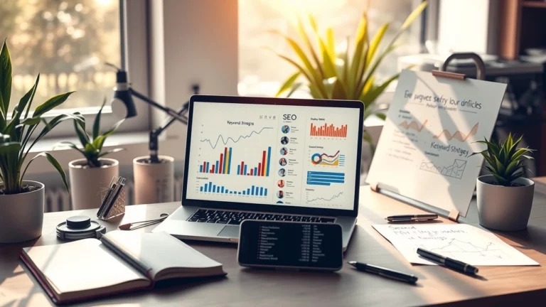 Un bureau moderne illustrant des outils de SEO et de visibilité en ligne