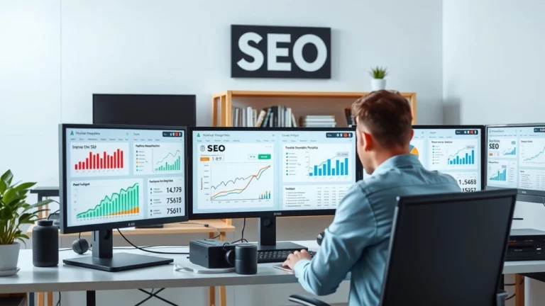 Scène moderne d'un bureau avec des écrans montrant des outils SEO pour les plateformes de télévision en ligne.