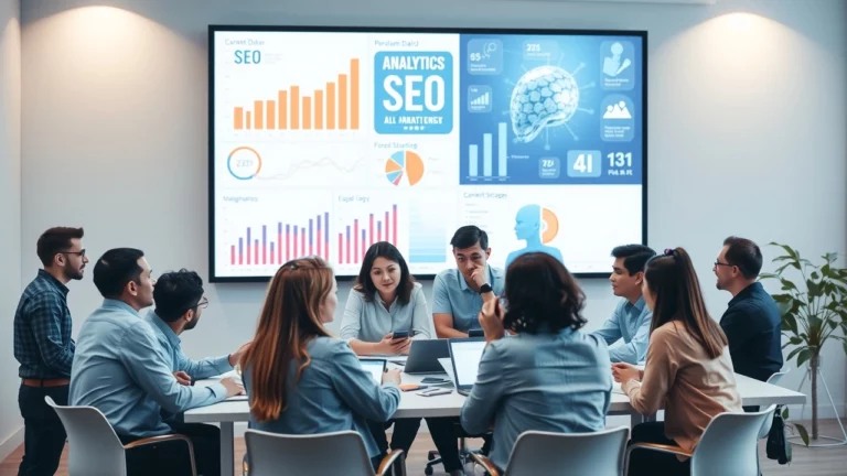 Un bureau moderne avec des professionnels collaborant sur une stratégie de contenu