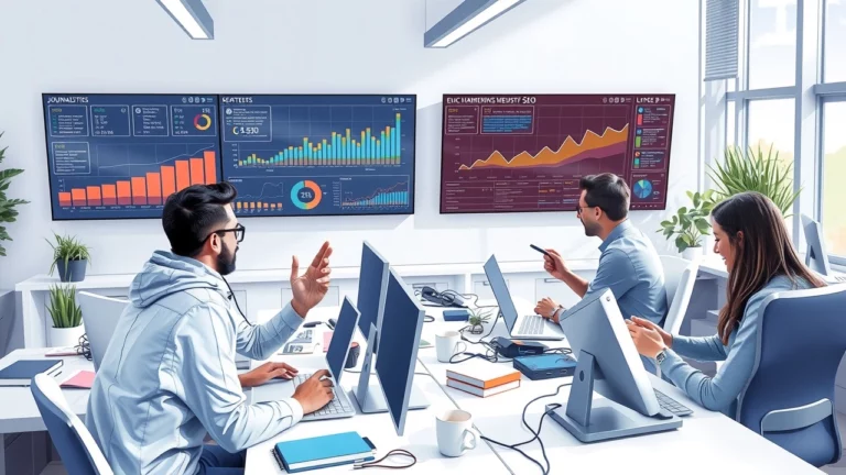 Une illustration d'un bureau de nouvelles numériques avec des journalistes travaillant sur des données SEO.